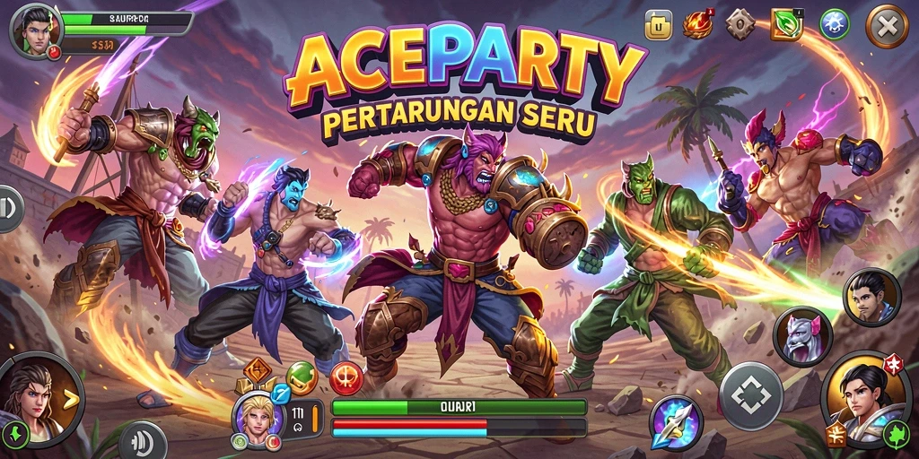 Tangkapan layar utama ACEPARTY menunjukkan aksi pertarungan yang sengit dan dinamis.