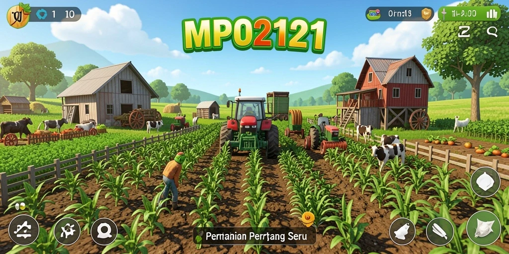 Tangkapan layar gameplay MPO2121 menunjukkan bertani yang seru dan interaktif.
