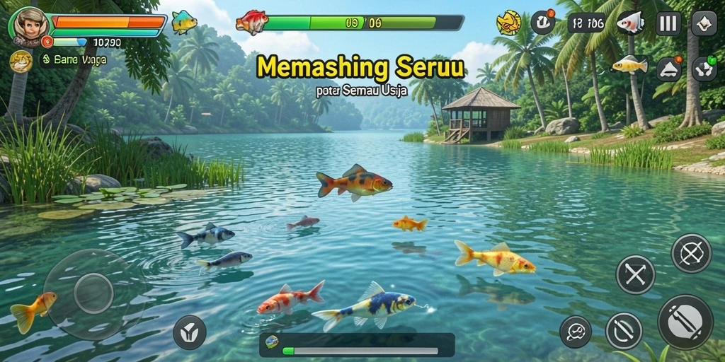 Screenshot gameplay N06 yang menunjukkan aksi memancing yang seru.
