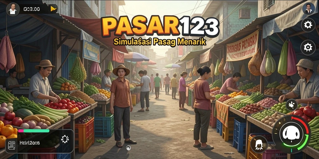 Screenshot PASAR123 menampilkan aktivitas pasar yang ramai dan karakter NPC yang berinteraksi.