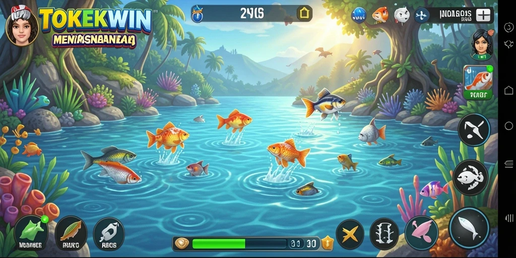 Screenshot gameplay TOKEKWIN menampilkan aktivitas memancing yang seru dan menarik.