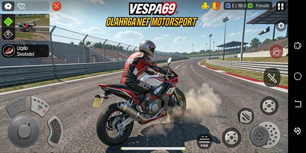 Gameplay VESPA69 yang seru dan menarik dengan sepeda motor balap.