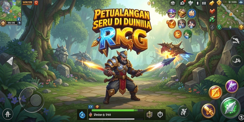 Screenshot WIN199 menampilkan karakter yang sedang bertarung dalam pertarungan RPG yang mendebarkan.